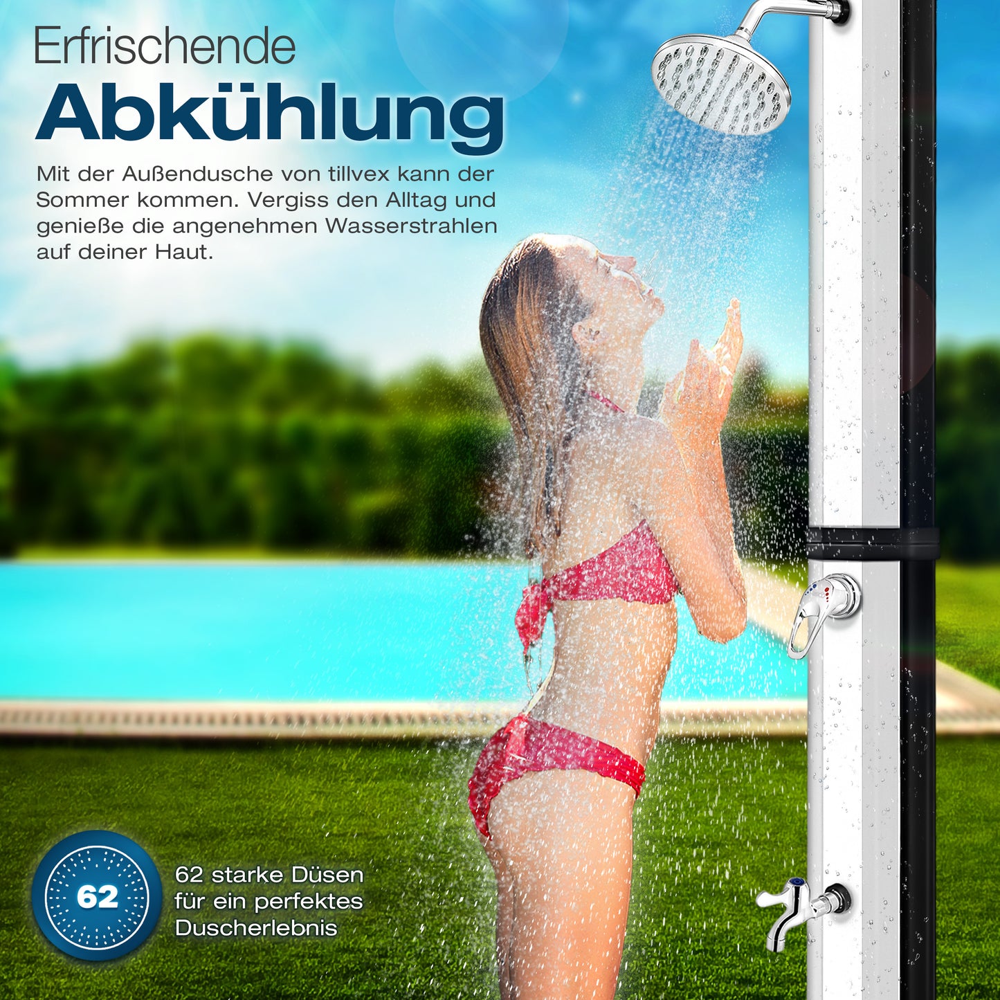 tillvex® Solardusche 20 - 60 Liter inkl. Abdeckung Solar Gartendusche Solar für draußen Pooldusche Komplettset warmes Wasser Camping ohne Stromanschluss mit Wasserhahn Gartenschlauch-Anschluss