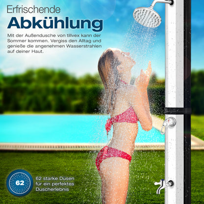 tillvex® Solardusche 20 - 60 Liter inkl. Abdeckung Solar Gartendusche Solar für draußen Pooldusche Komplettset warmes Wasser Camping ohne Stromanschluss mit Wasserhahn Gartenschlauch-Anschluss