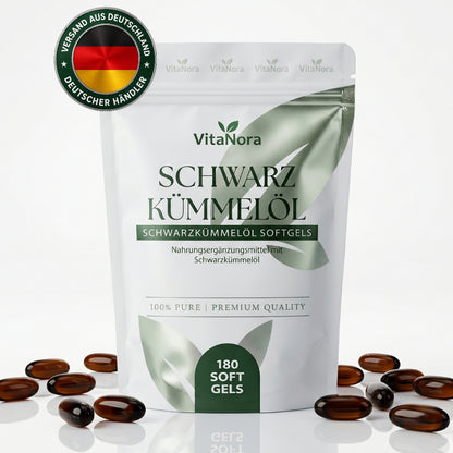 Schwarzkümmelöl Premium Kapseln – 1000 mg Hochdosiert, 180 vegane Softgels (6 Monate Vorrat), 100% Natürlich, Ohne Zusätze & Laborgeprüft mit Versand aus Deutschland