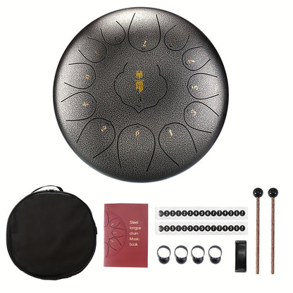 Diese 30,5 cm (12-Zoll) Stahlzungen Trommel verfügt über 13 Töne und zeichnet sich durch ein wunderschönes Design aus. Es ist ein hochwertiges Outdoor-Musikinstrument, das einen klaren, himmlischen und angenehmen Klang erzeugt, wenn es gespielt wird. Sie