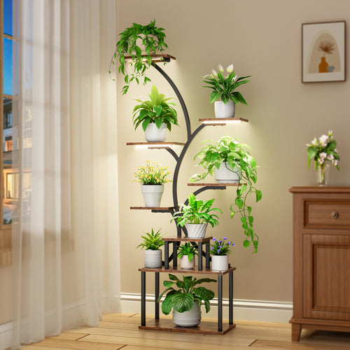 Zimmerpflanzenständer mit Pflanzenlampe, einteiliges 8-Etagen-Regal, multifunktionales Metall-Präsentationsgestell für Pflanzen, Dekoartikel usw., 157 cm hoher gabelverzweigter Ständer, geeignet für verschiedene Szenarien wie Wohnzimmer, Pflanzenräume, Gä