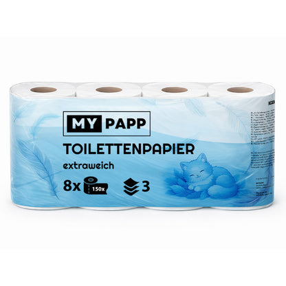 64 Rollen Toilettenpapier - Mypapp , 3-lagig, 150 Blatt je Rolle (9600 Blatt Insgesamt) , Zellstoff weiß, Hochwertige Zellulose, Geeignet für Camping (Große Verpackung, praktisch zu tragen), Küche und Badezimmer, schnell abbaubar.