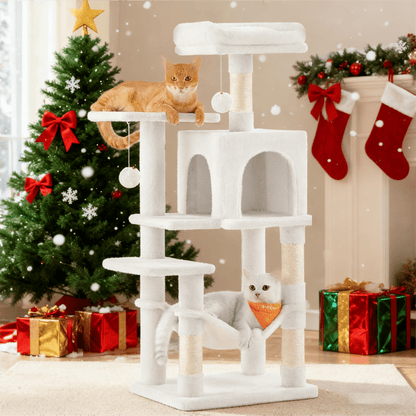 Kratzbaum, mehrstöckiger Katzenbaum mit Höhle, Hängematte und 4 Kratzstämmen