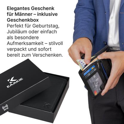 Leder Geldbörse Herren Portemonnaie RFID 10 Kartenfächer Hochformat EAAKIE Geldbeutel Echtleder Schwarz Maße : 12 x 9,5 x 2 cm