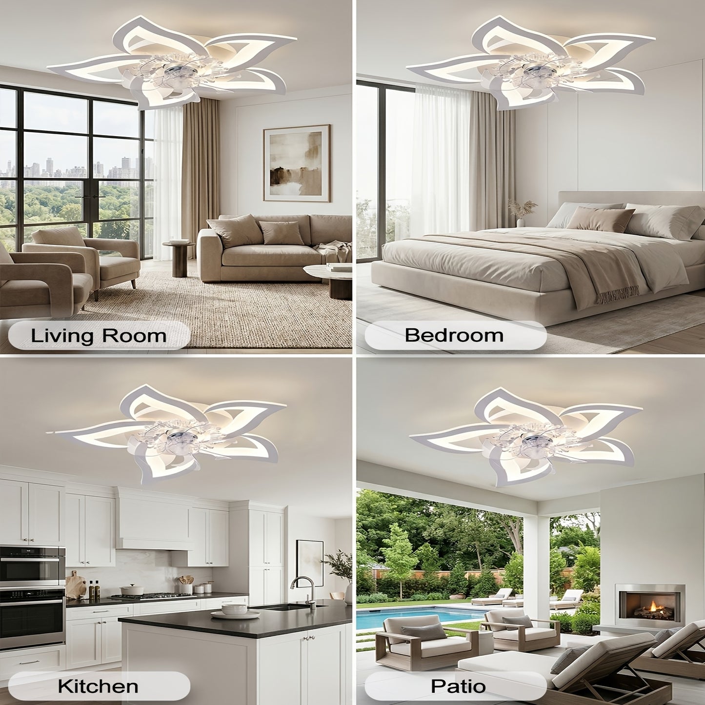LED Deckenventilator mit Blütenblatt-Design und Licht, Tri-Color Dimming, 6-stufige Windgeschwindigkeitsanpassung, ausgestattet mit Fernbedienung, geeignet für Schlafzimmer, Küchen und Wohnzimmer