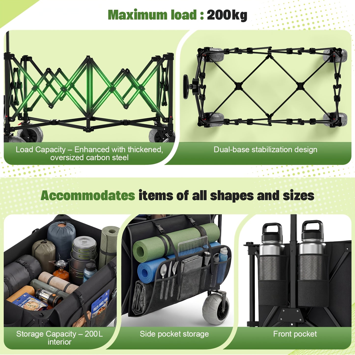 Zusammenklappbarer Rollwagen Allradreifen Strandwagen Transportwagen Einkaufswagen Großraum für Gartenarbeit Camping Shopping Strand und Outdoor Sport