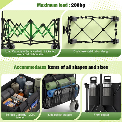 Zusammenklappbarer Rollwagen Allradreifen Strandwagen Transportwagen Einkaufswagen Großraum für Gartenarbeit Camping Shopping Strand und Outdoor Sport