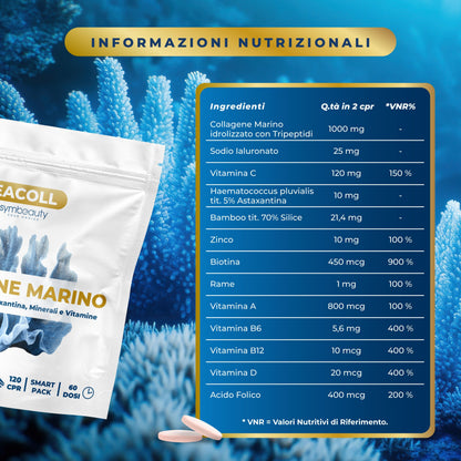 Marine Kollagen mit Hyaluronsäure [120 Tabletten X 60G] Astaxanthin Zink Biotin Vitamin C | Hydrolysiertes Marine Kollagen Tripeptide Haare, Haut, Nägel - SEACOLL