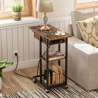Beistelltisch mit Ladestation, Klappbarer C-förmiger Sofatisch, Couchtisch mit Rollen  Stauraum, Nachttisch für Wohnzimmer, Schlafzimmer, Dunkelbraun