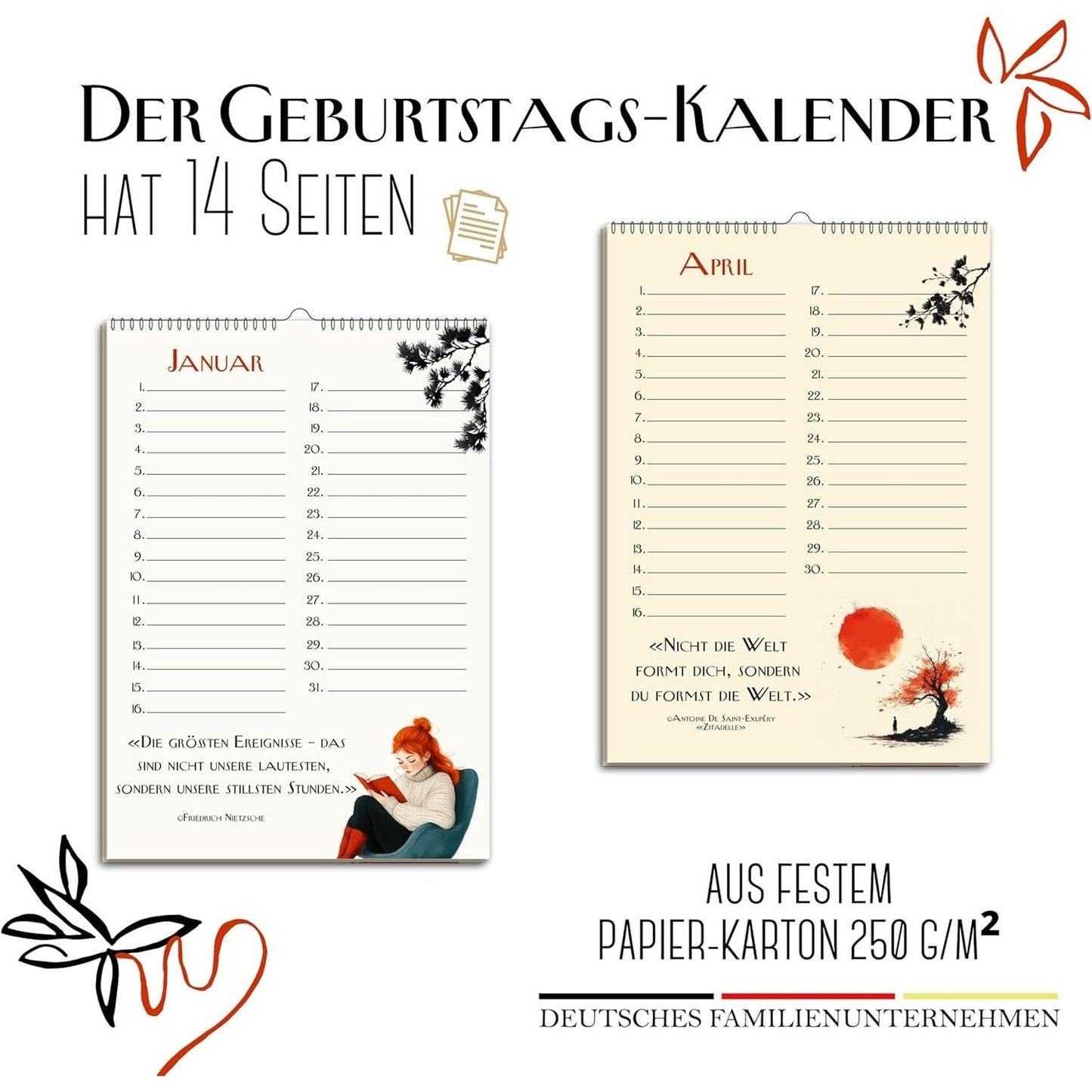 Geburtstagskalender mit Zitaten undatiert Geburtstagsplaner Wandkalender A5 immerwährend Jahresunabhängig Kalender Geburtstagsübersicht zum Aufhängen in zartem Aquarell Buch Sprüche Affirmationen