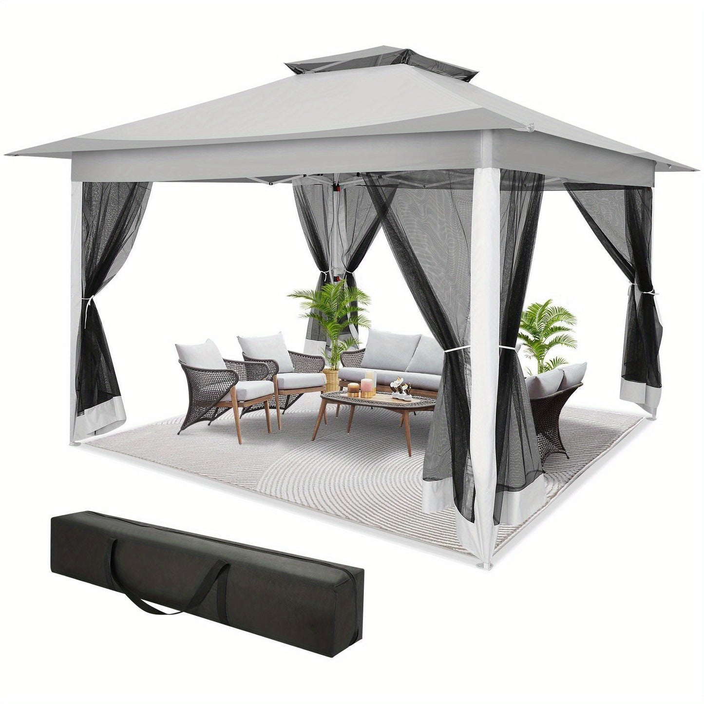 3,66x3,66 Meter Pop-Up Zelt, einfach aufzubauen, Outdoor Zelt UPF 50+, verbessertes automatisches Laubengartenshuttle, tragbares Gazebo mit Moskitonetz, doppelt belüftetes Dach und Tragetasche, geeignet für Garten, Terrasse