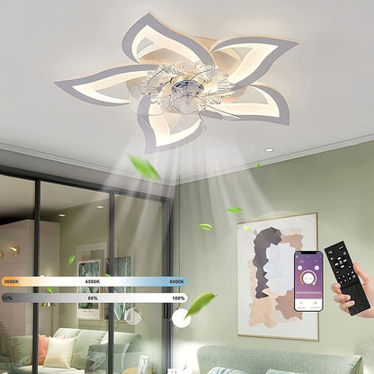 LED Leiser Deckenventilator mit Beleuchtung, Schlafzimmer Deckenleuchte mit Fernbedienung und App, Dimmbare Lampe mit Ventilator 5 Lichter Blumenform Acryl Lampenschirm Wohnzimmer Küche, 69Cm