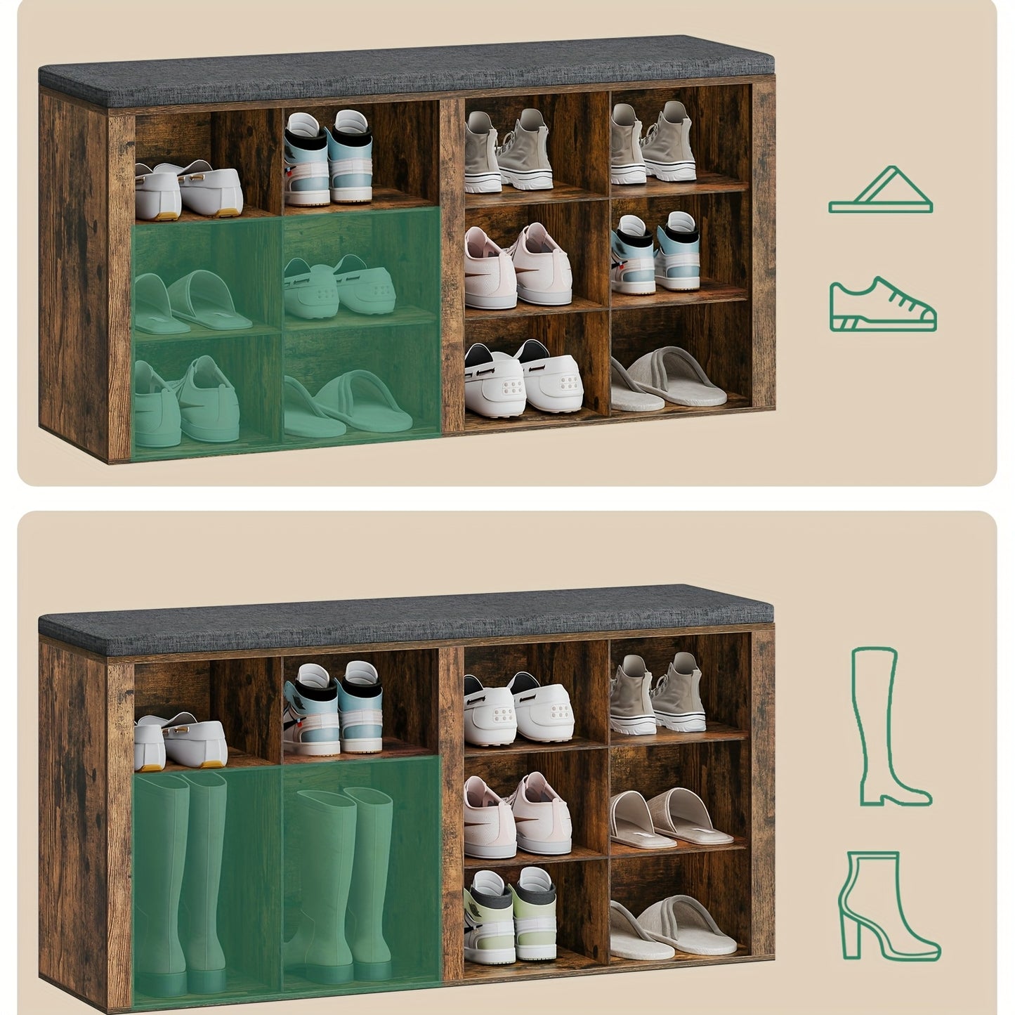 Schuhbank, Schuhregal mit Sitz, Bank mit Stauraum, Kissen, 12 Fächer, für Wohnzimmer, Flur, Schlafzimmer, Weiß-Grau