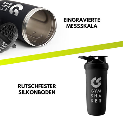 GYMSHAKER Edelstahl Protein Shaker 900ml - Geruchsfrei & hygienisch mit Waben-Sieb für cremige Shakes, auslaufsicherer Klappdeckel (Skala bis 700ml)