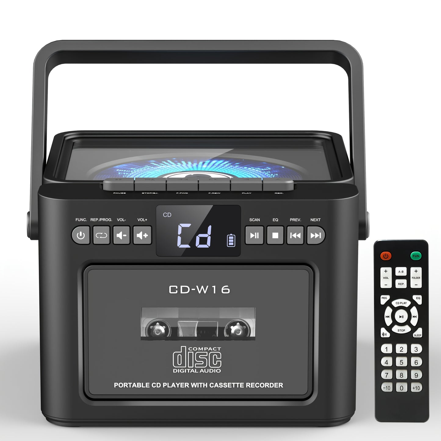 CD-Kassettenspieler-Boombox mit 5000-mAh-Akku, tragbarer CD-Player, 5-W-Dual-Stereo-Lautsprechern, FM-Radio, Fernbedienung, Aufnahmefunktion, 3,5-mm-Kopfhöreranschluss – unterstützt AUX, TF-Karte und USB für Zuhause