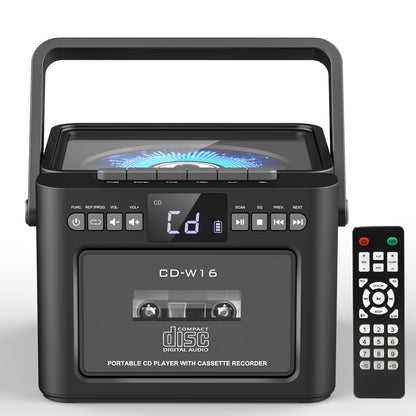 CD-Kassettenspieler-Boombox mit 5000-mAh-Akku, tragbarer CD-Player, 5-W-Dual-Stereo-Lautsprechern, FM-Radio, Fernbedienung, Aufnahmefunktion, 3,5-mm-Kopfhöreranschluss – unterstützt AUX, TF-Karte und USB für Zuhause
