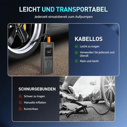 2026 Neuer Voreinstellbarer Luftdruck-Reifenfüller - Wiederaufladbarer, Allzweck-Tragegerät, Echtzeit-Überwachung, No-Load-Schutz, LCD, LED, Komplettes Zubehör, Luftschaufel & Kabel für Auto, Motorrad, Fahrradreifen, Ballons, Bälle