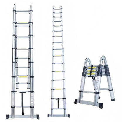 5-m Edelstahl Teleskop-Klappleiter – Schwerlast A-Gestell faltbar, maximale Tragkraft 150 kg, 2,5 m + 2,5 m Teleskopbereich, verstellbare Stufenhöhe, geeignet für Innen-/Außenbereich, Dachboden  Haushalt, Teleskopleiter, robuste Metallkonstruktion, Indoor