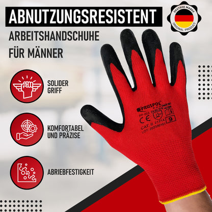 12 bis 24 Paar robuste Arbeitshandschuhe (Größe 7/8/9/10/11), Gartenhandschuhe, Montagehandschuhe für Herren/Damen mit Latex Beschichtung für Bauwesen, Mechanik, Werkstatt, Schreinerei, Logistik, Großpackung