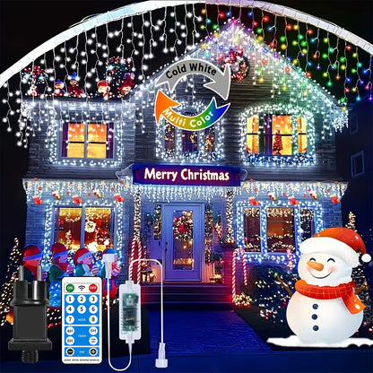 Eiszapfen-Lichterketten für den Außenbereich 22+5m 800LED Weihnachtliche Lichterketten zum Einstecken mit 8 Modi, Timer, Fernbedienung, Blinklichtschlauch, verbindbar, geeignet für Weihnachten, Dachvorsprünge, Partys, Hochzeiten, Gartendekoration