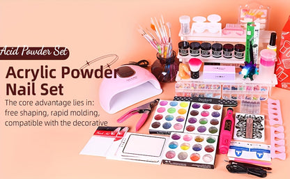 Acryl Nagelset für Anfänger mit Nude, Transparent- und Tiefrosa-Farben, inklusive Nagelwerkzeugen, Acryl Glitzerpulver, Acryl Flüssigkeit, LED Lampe und Nagelbohrer Set für Nagelverlängerung