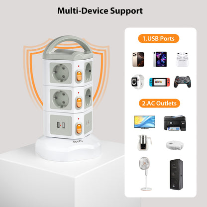 Steckdosenleiste, 6/10-fach Schutzleiste mit 2 USB-C und 2 USB-A Anschlüssen, 3 Einzel-Schalter, Schnellladestation für Home Office, 2-Meter Verlängerungskabel, 4 Farboptionen (Weiß/Lila/Gelb/Pink)
