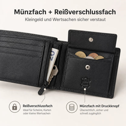 Herren Geldbörse aus echtem Nappaleder, Portemonnaie mit RFID-Schutz, 12 Kartenfächern, Geldscheinfach, für Business & Reisen