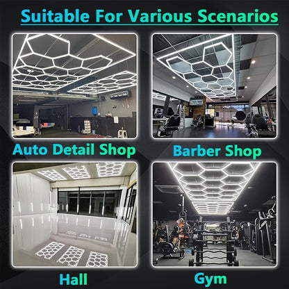 Hexagon-LED-Beleuchtungssystem | Honigwaben-Werkstattlicht | Deckenleuchte mit hexagonalem Design | Detaillicht für Autopflege, Zuhause, Ausstellungshallen, Friseure, Supermärkte, Fitnessstudios & Showrooms