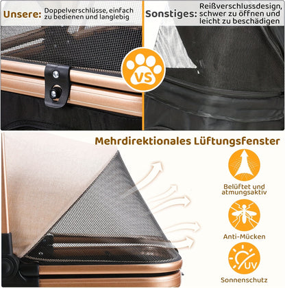 Hundekinderwagen, faltbarer Haustierwagen, 3-in-1 Hund Katze Kinderwagen mit Aufbewahrungskorb Netzfenster Getränkehalter, 360° verschleißfeste Gummiräder Hund Reisegefährt, für kleine Hunde und Katzen