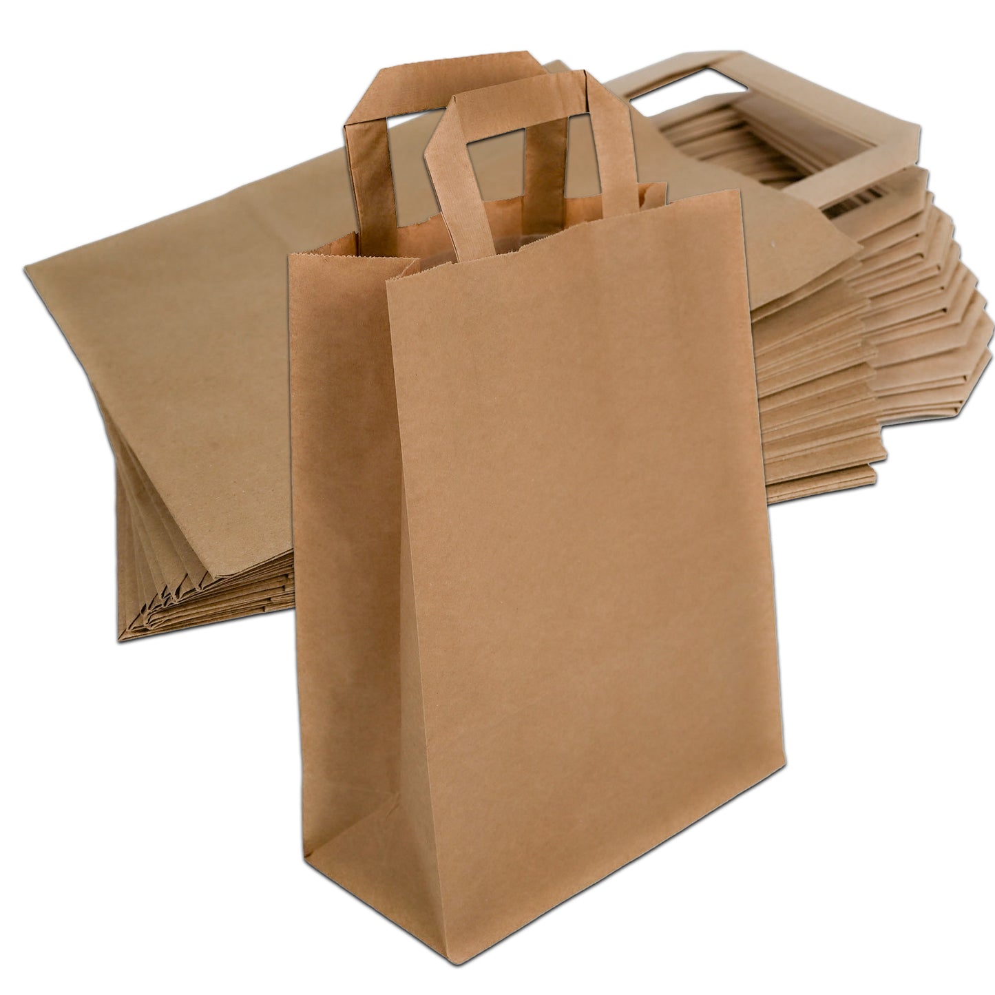 50 Papiertragetaschen 22 + 11 x 28 cm mit Flachhenkel Tragegriff Braun | Papiertaschen | Tüten | Papiertüten | Bio Mülltüte | Bio Müllbeutel | Bio Kompostbeutel | Bio Papiertüte |Tragetaschen | Tüten mit Henkel | Geschenktüten | Papiertüte |
