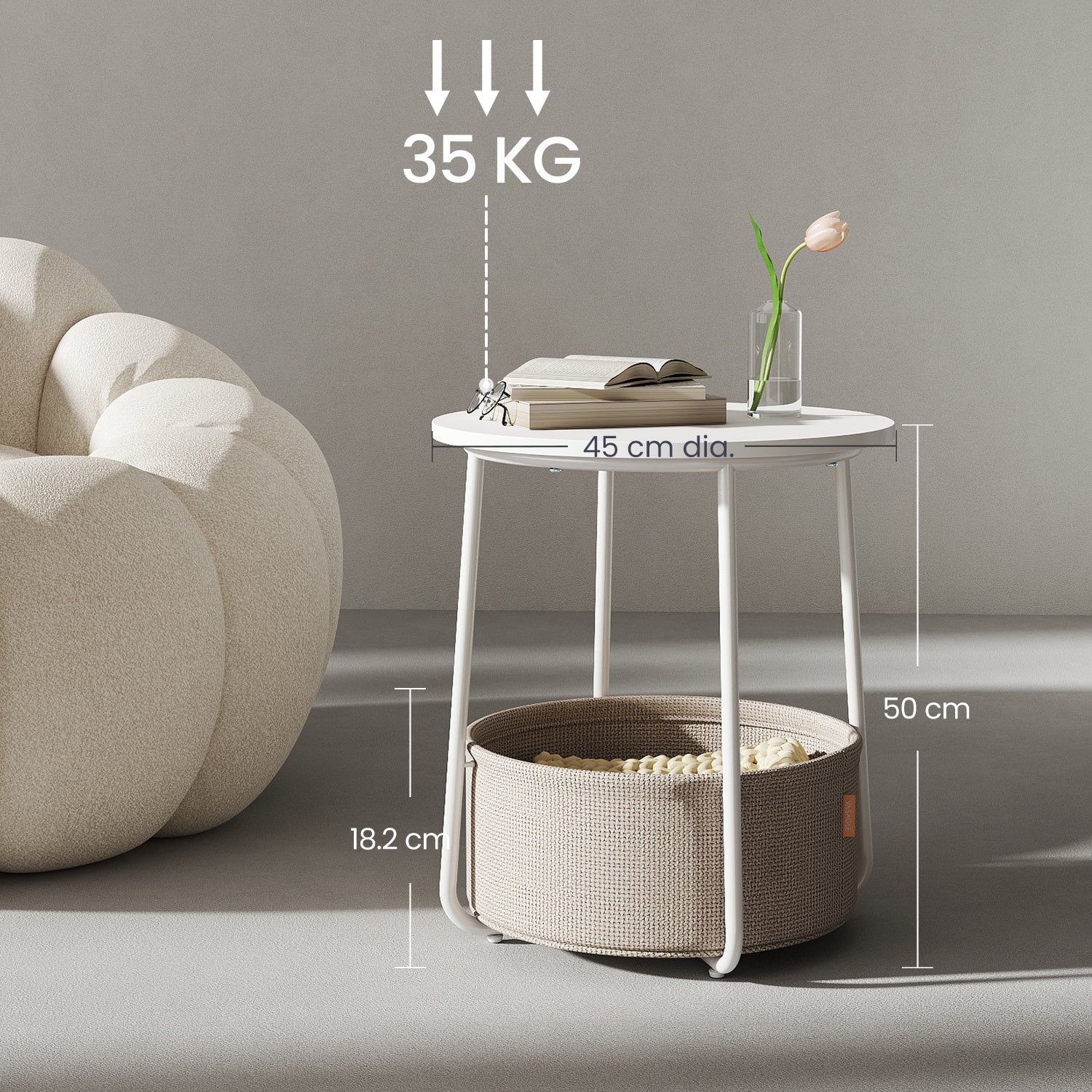 Couchtisch klein, mattweiß-kamelbraun für Schlafzimmer und Bett – Detailansicht 11