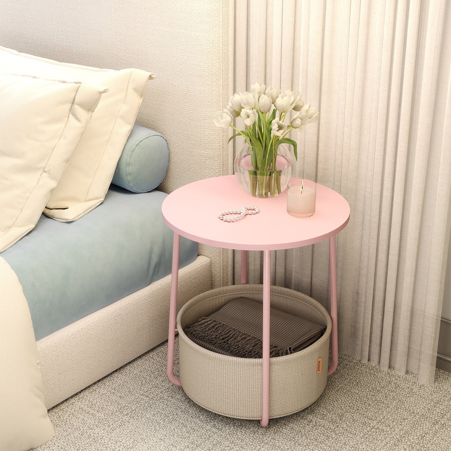 Couchtisch klein, mattweiß-kamelbraun für Schlafzimmer und Bett – Detailansicht 28