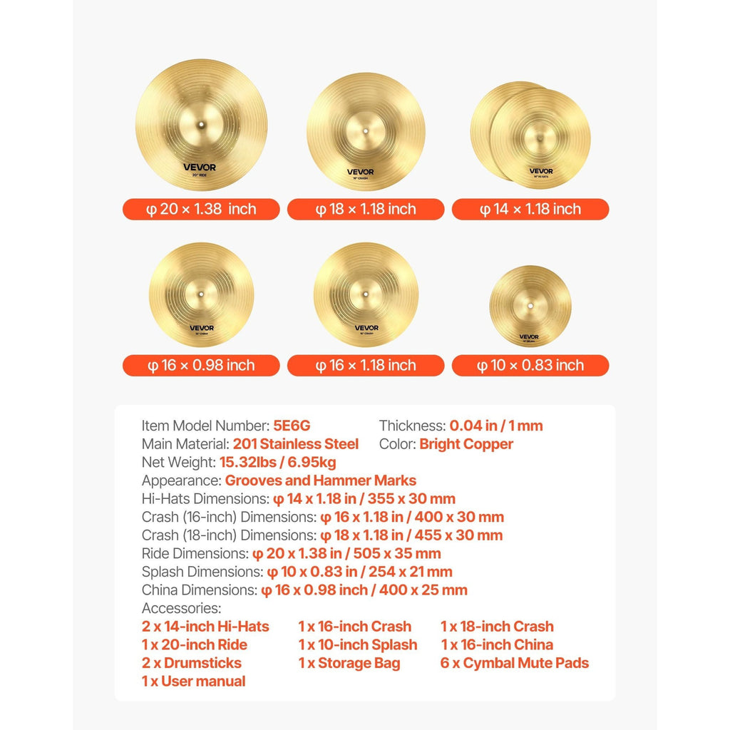 Cymbal Pack 6er Set, Helles Kupfer für Trommel und Alltag – Detailansicht 9
