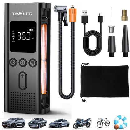 Tragbarer Luftkompressor mit 3 wiederaufladbaren Batterien, LCD-Display, LED-Licht und SOS-Modus - Ideal für Autos, Motorräder und Fahrräder