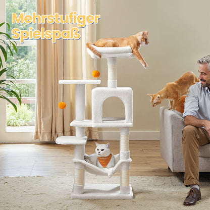 Katzenklettergerüst 112 cm hoch，Kratzbaum，mehrstöckiger Katzenbaum mit Höhle Schlafnest Plüschspielzeug , mehrstöckiges Katzenhaus mit 4 Kratzsäulen, 2 Plattformen, Hängematte,Stabiles Und Langlebiges ,für Wohnungskatzen Und Kätzchen
