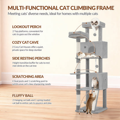 Fobyfurny Katzenbaum Turm, 178cm Kratzbaum für Katzen im Haus, Mehrstöckiger Katzenkletterbaum mit Kratzstämmen, Kratzbrett, 2 bequeme Futterställe, 2 Sitzplätze, Pompoms, Ruheplatz