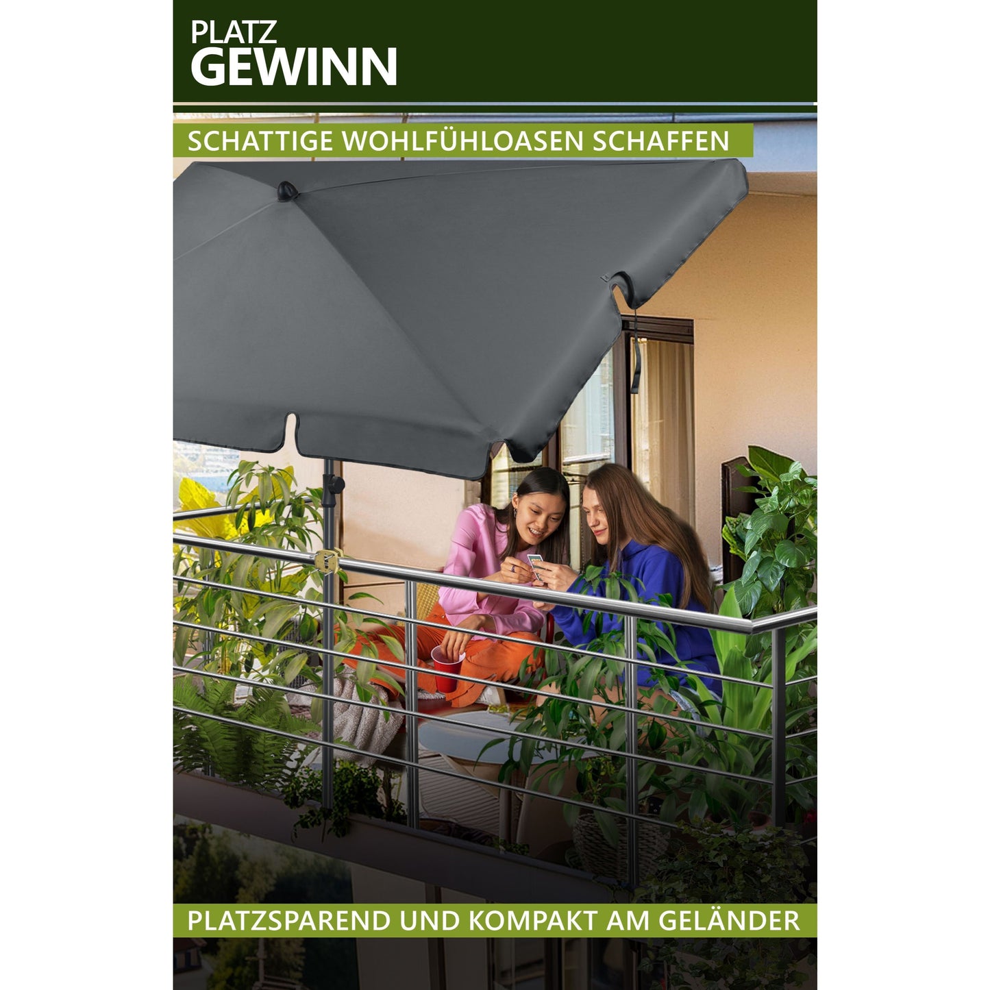 Lindenstein Sonnenschirmhalter Balkongeländer – Funktionale Sonnenschirm Halterung Balkon, Schirmhalterung Balkongeländer ersetzt Sonnenschirmständer Balkon – Flexibel montierbar (Anthrazit/Schwarz/Taupe/Sandbraun)