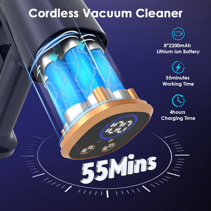 60KPA Akku Staubsauger, Cordless Vacuum Cleaner with Smart Display And Charging Station, Lightweight Anti-Tangle Vacuum Cleaner, Super Quiet Cordless Vacuum Cleaner for Hard Floors Carpets Pet Hair