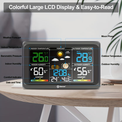 Geevon Wetterstation Drahtloser Innen-  Außenthermometer, Farbdisplay-Wetterthermometer, Digitales Temperaturmessgerät mit Barometer, Kalender, USB-Ladefunktion  einstellbarer Hintergrundbeleuchtung