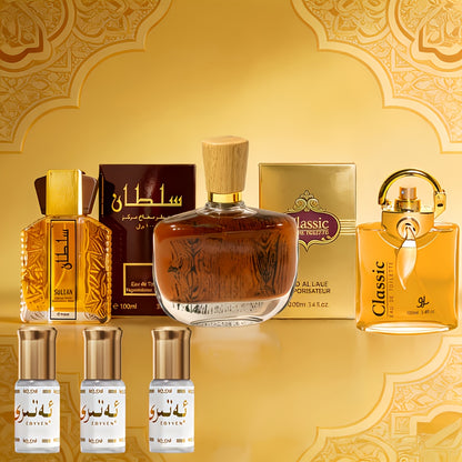 Sechs Flaschen (3.38 Fl Oz X 3 und 0.1 Fl Oz X 3) Arabian Series Eau De Toilette - Woody Exotisch - Langanhaltender Duft, Unisex, Geeignet für alle Anlässe. Das perfekte Geschenkset für den Alltag/Freizeit für dich oder andere.