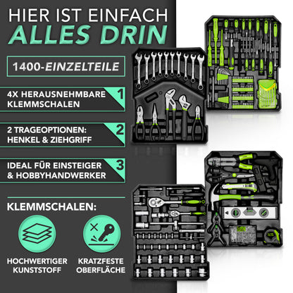 TRESKO® 1400 teilig Werkzeugkoffer Set Komplett | Werkzeugkasten Gefüllt | Werkzeugkiste XXL | Werkzeugtasche mit Werkzeug | Werkzeug Trolley | Chrom-Vanadium Stahl