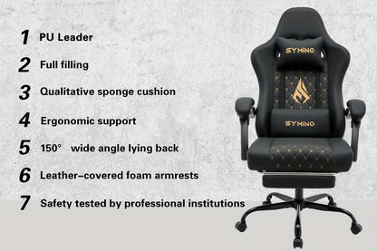 Gaming Stuhl mit Fußstütze, Ergonomischer Computer Gaming Stuhl, Verstellbarer Schwenkstuhl mit Lordosenstütze, PC Stuhl, Bürostuhl, Schwarz