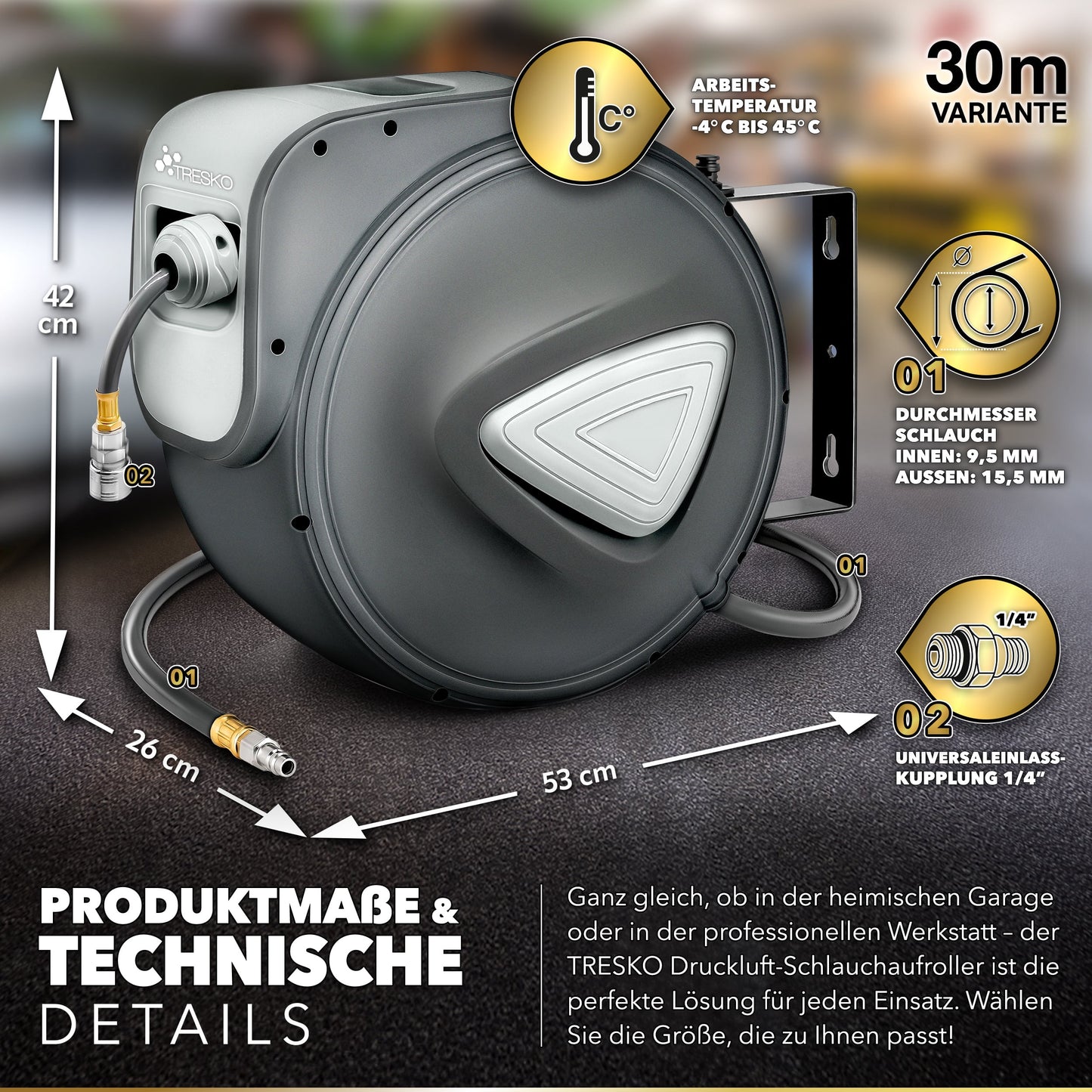 TRESKO® Druckluft Schlauchtrommel automatisch | Druckluftschlauch Aufroller 1/4" Anschluss | Wandschlauchhalter Automatik Schlauchaufroller