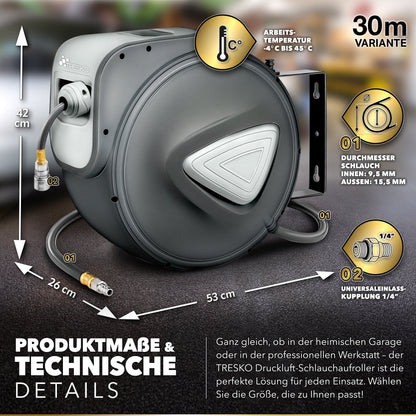 TRESKO® Druckluft Schlauchtrommel automatisch | Druckluftschlauch Aufroller 1/4" Anschluss | Wandschlauchhalter Automatik Schlauchaufroller