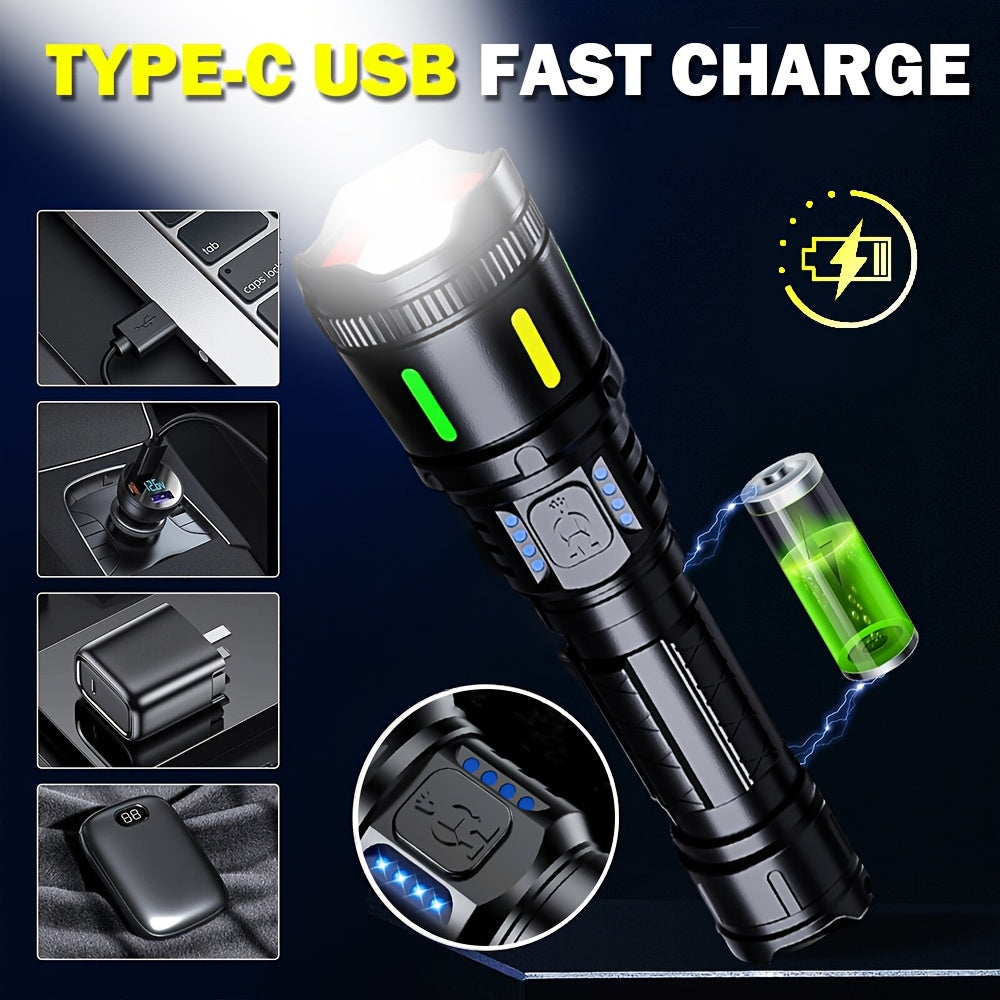 1 Stk. Leistungsstarke Wiederaufladbare Taschenlampe, Hohe Lumen, 4 Beleuchtungsmodi, LED Zoom-Taschenlampe, Handheld-Notfall-Taschenlampe aus Aluminiumlegierung mit Elektronischer Anzeige, Für Geschäftsnotfälle, Angeln, Camping, Erkundung, Jagd, Wandern