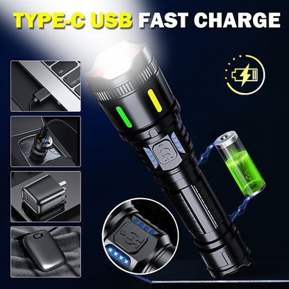 1 Stk. Leistungsstarke Wiederaufladbare Taschenlampe, Hohe Lumen, 4 Beleuchtungsmodi, LED Zoom-Taschenlampe, Handheld-Notfall-Taschenlampe aus Aluminiumlegierung mit Elektronischer Anzeige, Für Geschäftsnotfälle, Angeln, Camping, Erkundung, Jagd, Wandern