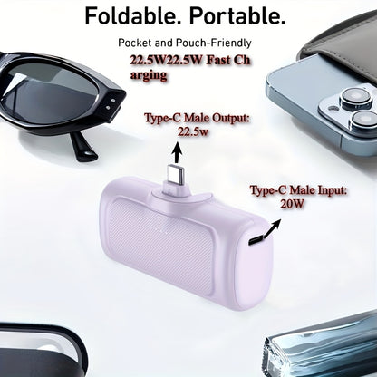22,5W Schnellladung, 5000mAh Mini-Powerbank, USB-C Powerbank, USB Typ-C, Dual-Mode-Netzteil, wiederaufladbarer Lithium-Polymer-Akku, geeignet für iPhone 16/15-Serie  Android-Geräte, Notladung, tragbare Powerbank, tragbar