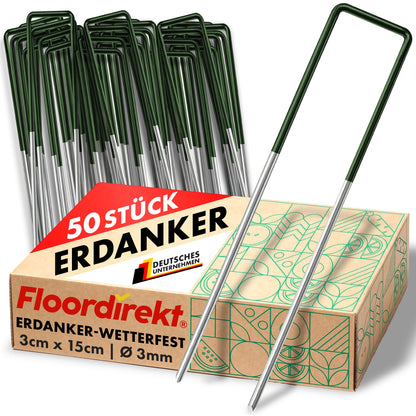 FLOORDIREKT Erdanker - Bodenanker aus Eisendraht - 15 x 3 cm - Für Kunstrasen, Unkrautvlies, Zelt, Garten & Camping - Stabil & Korrosionsbeständig