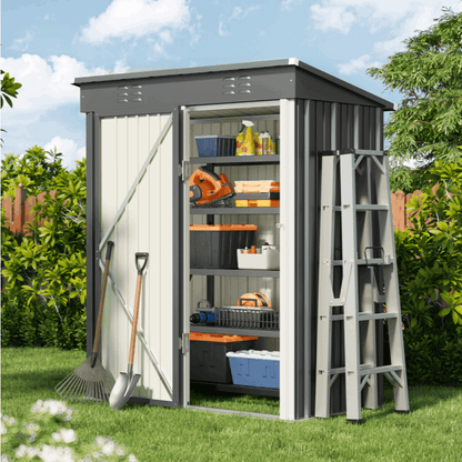 Gartenschuppen Metall Dunkelgrau 180x95x162 cm | Mit Fundamentrahmen & Pultdach,Vorübergehend , Abnehmbar Gerätehaus,CC21