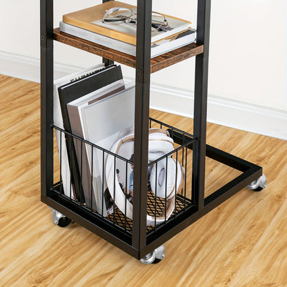 Beistelltisch mit Ladestation, Klappbarer C-förmiger Sofatisch, Couchtisch mit Rollen  Stauraum, Nachttisch für Wohnzimmer, Schlafzimmer, Dunkelbraun